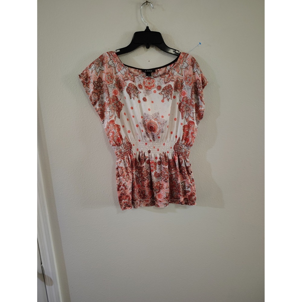 A. Byer Womens Floral Paisley Smocked Waist Cap Sleeve Blouse Orange Brown Small